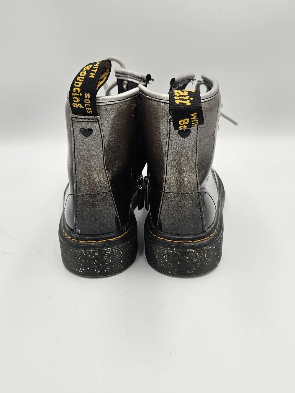 Dr. Martens Kids Black Patent Lace-Up Boots with Gray Laces